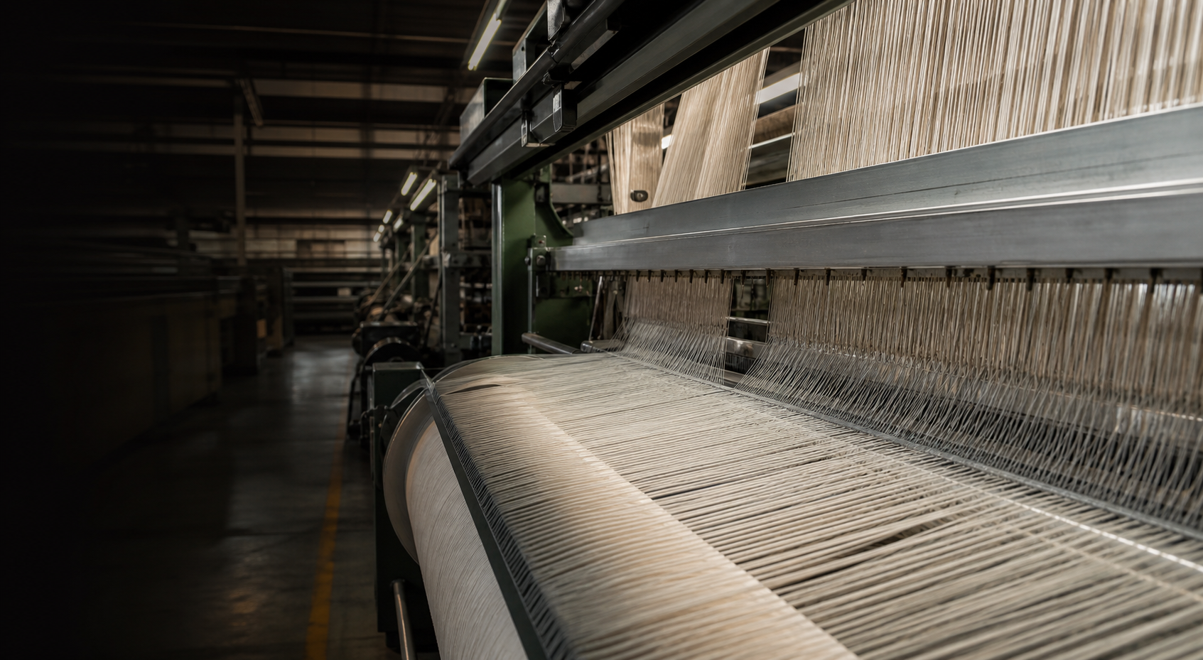Warp threads running through a weaving loom inside the Yoga Fabrics mill